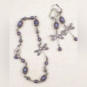 Antiqued Silver & Lavender Beaded Dragonfly Bracelet & Earring Set